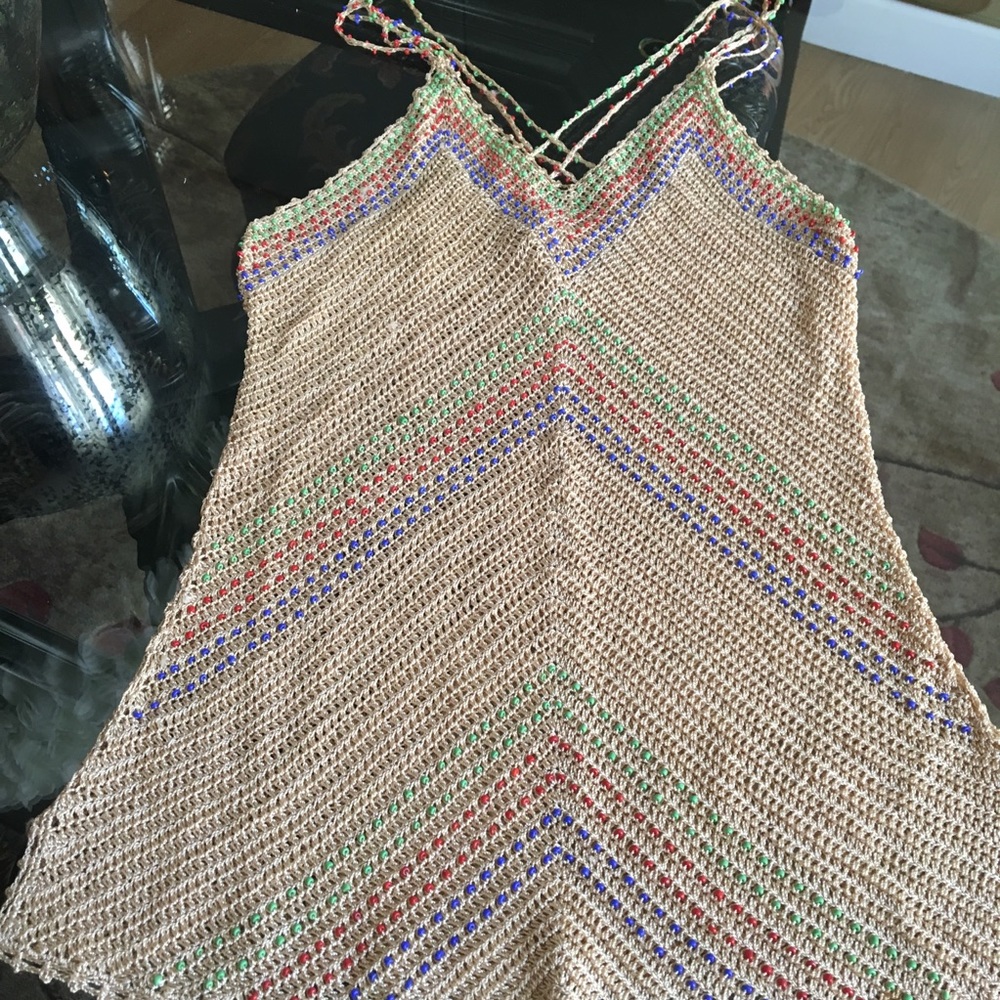 Hand multicolored bead crisscross Gold tank.